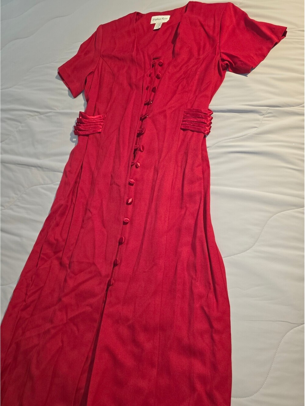 Elegant Sophia Rose Dress w Gorgeous Satin Buttons & Belt Deco - 18 red